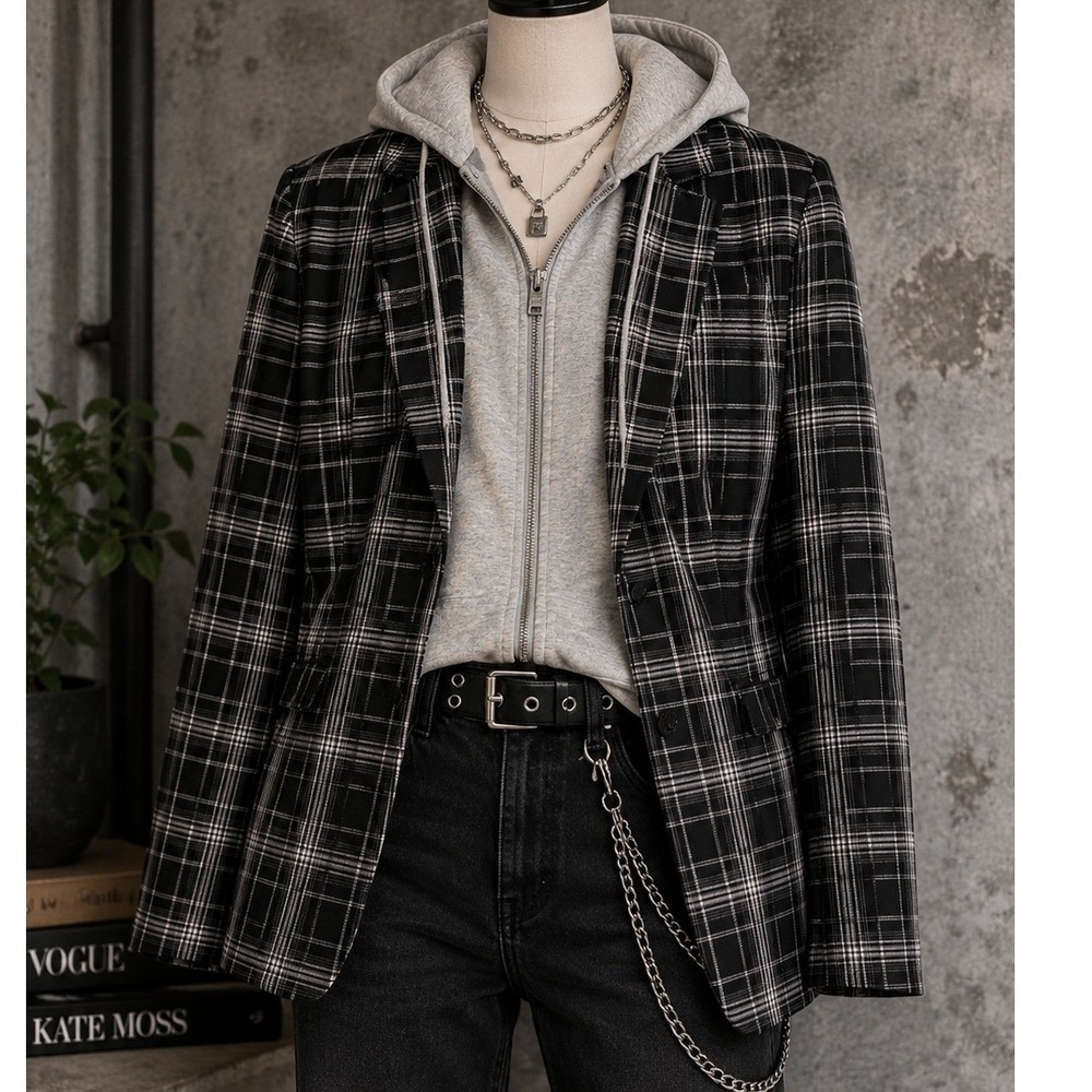 Blue Revival Womens Blazer Hoodie Plaid Layered Look Two-In-One Small